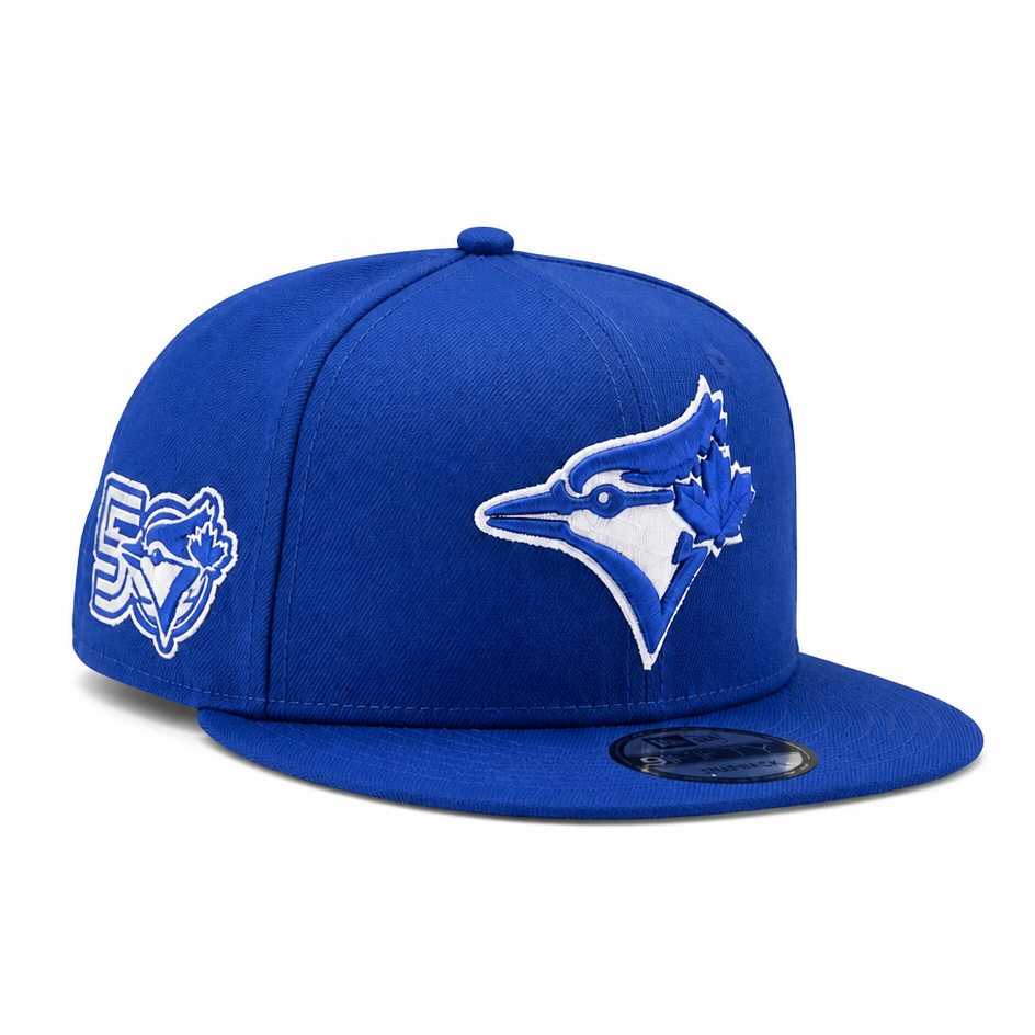 Blue baseball cap with a logo on a white background