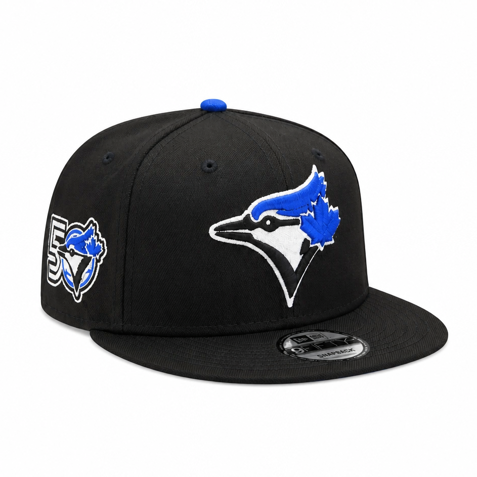 Black baseball cap with blue and white logo on a white background