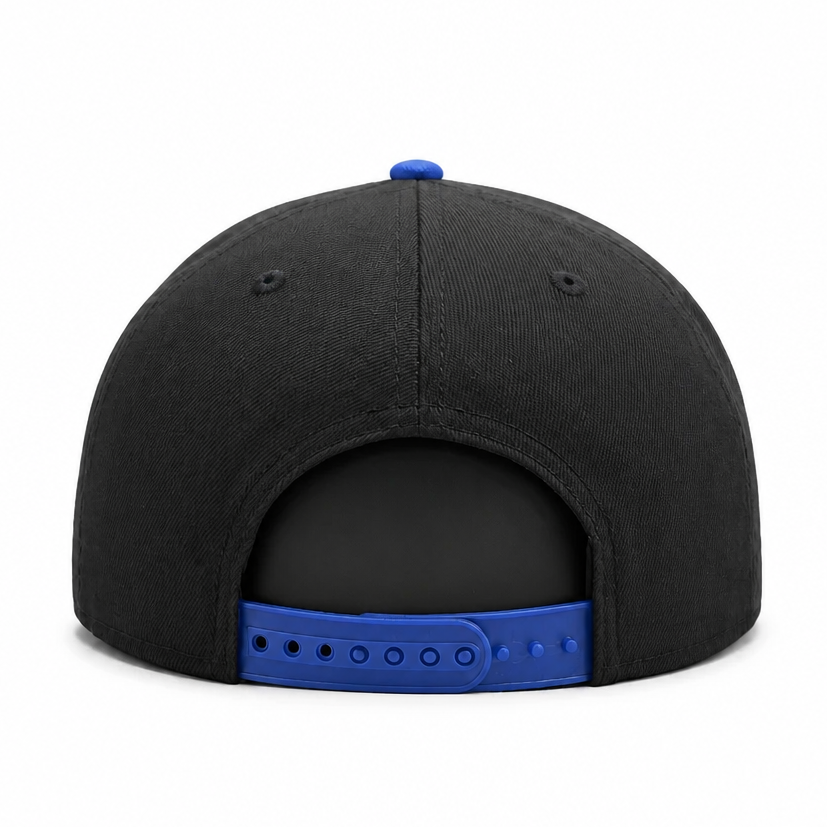 Black cap with blue rim on a white background
