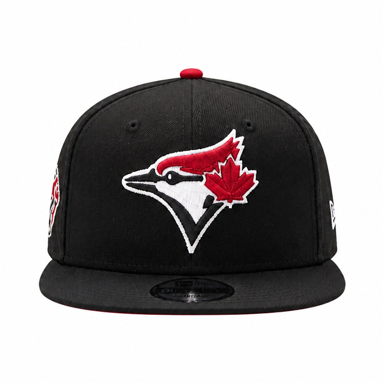 Black baseball cap with a red and white logo on a white background