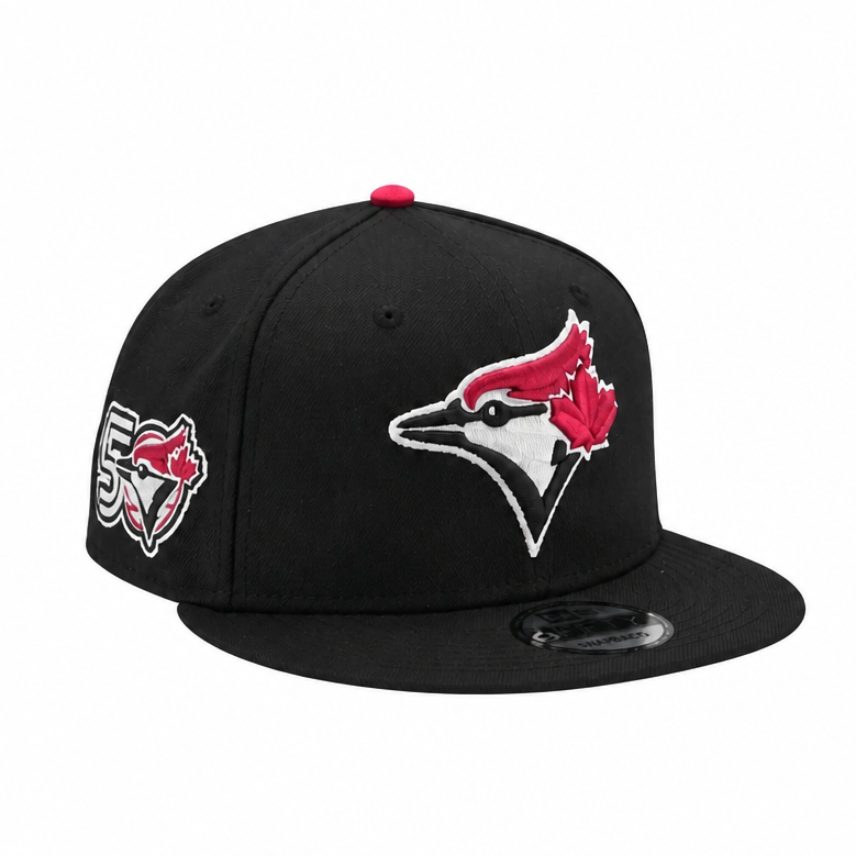 Black baseball cap with a logo on a white background