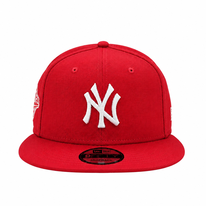 Red cap with white logo on a white background