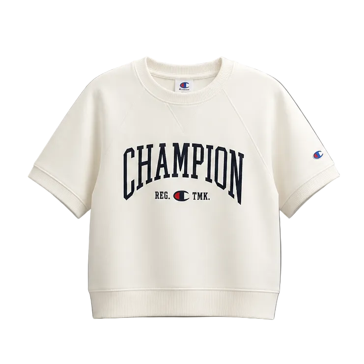 CHAMPION WOMEN'S SHORT SLEEVE LOGO FLEECE CREAM SWEATER T-SHIRT