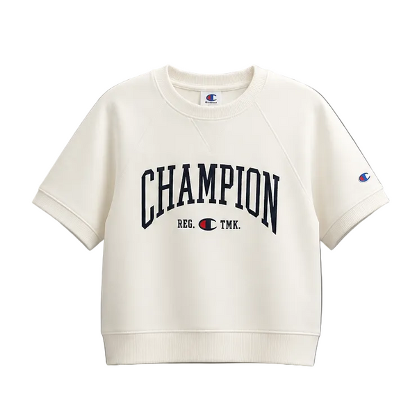 CHAMPION WOMEN'S SHORT SLEEVE LOGO FLEECE CREAM SWEATER T-SHIRT
