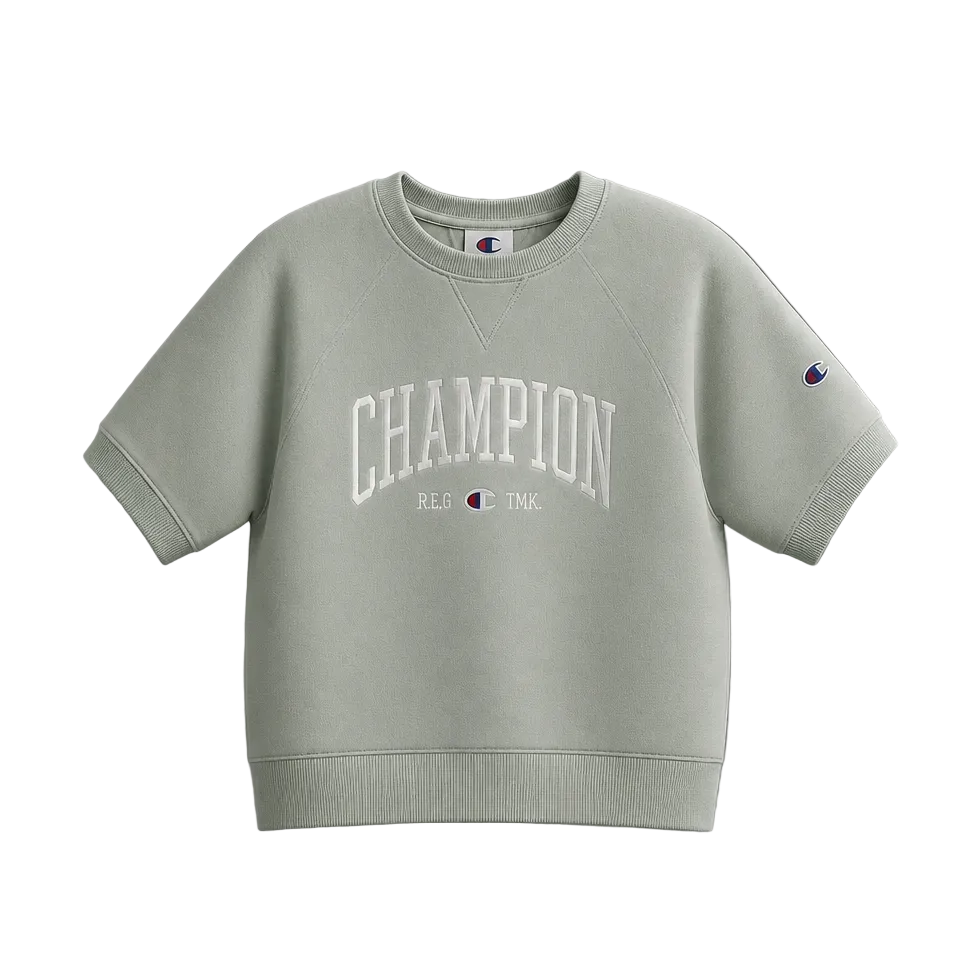 CHAMPION WOMEN'S SHORT SLEEVE LOGO FLEECE GREEN SWEATER T-SHIRT
