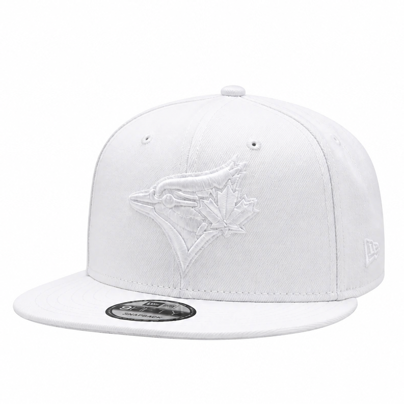 A white flat-brim baseball cap featuring an embossed Toronto Blue Jays logo on the front and a small New Era flag logo on the side, set against a plain white background.