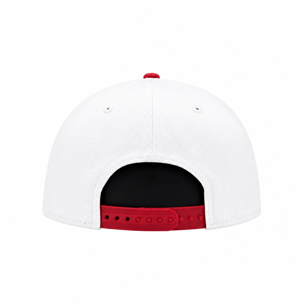 White structured baseball cap shown from the back, featuring a red snapback strap and a small red button on top.
