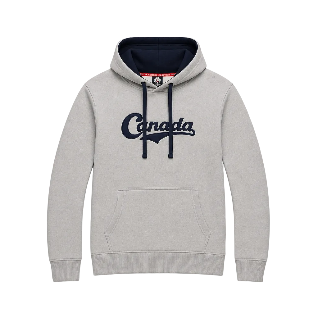 A light gray heather pullover hoodie with a navy blue 'Canada' script logo across the chest, a dark navy hood lining, and matching navy drawstrings, shown against a light gray background.