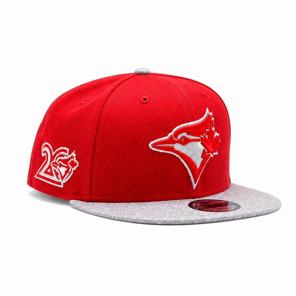 NEW ERA 9FIFTY MLB TORONTO BLUE JAYS 20TH ANNIVERSARY SCARLET RED & HEATHER GREY SNAPBACK HAT