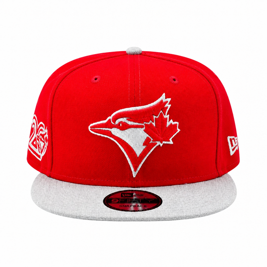 NEW ERA 9FIFTY MLB TORONTO BLUE JAYS 20TH ANNIVERSARY SCARLET RED & HEATHER GREY SNAPBACK HAT