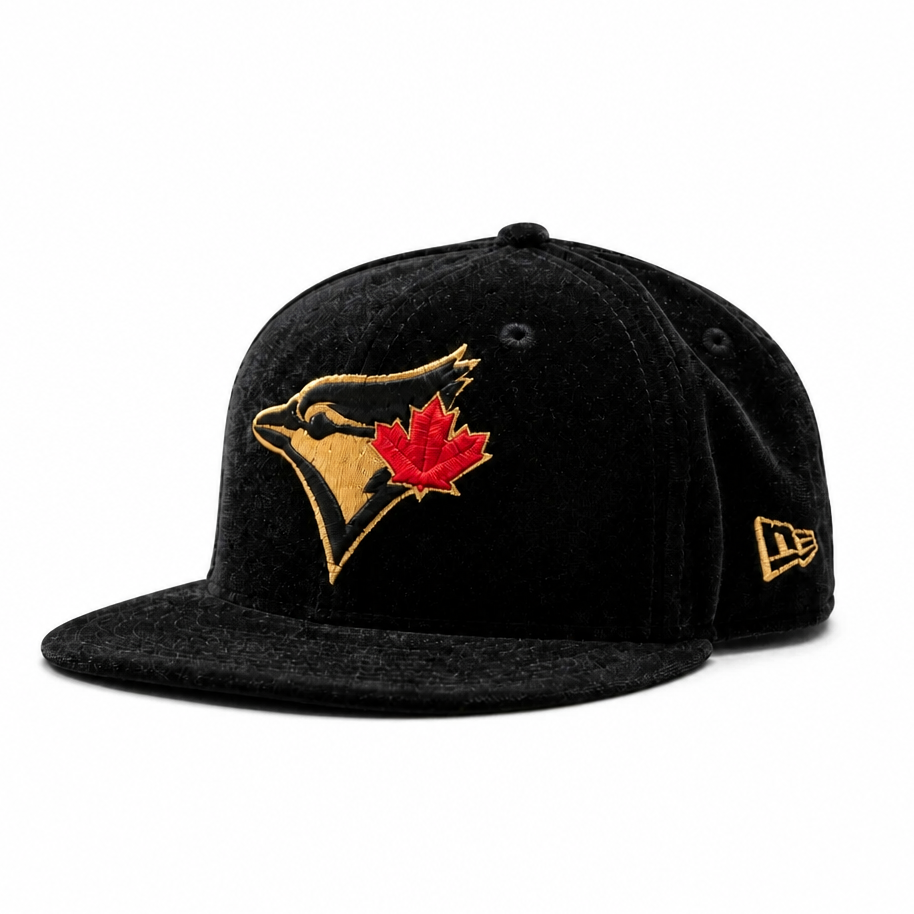 59FIFTY NEW ERA MLB TORONTO BLUE JAYS BLACK/GOLD WITH RED LEAF LOGO VELVET FITTED HAT