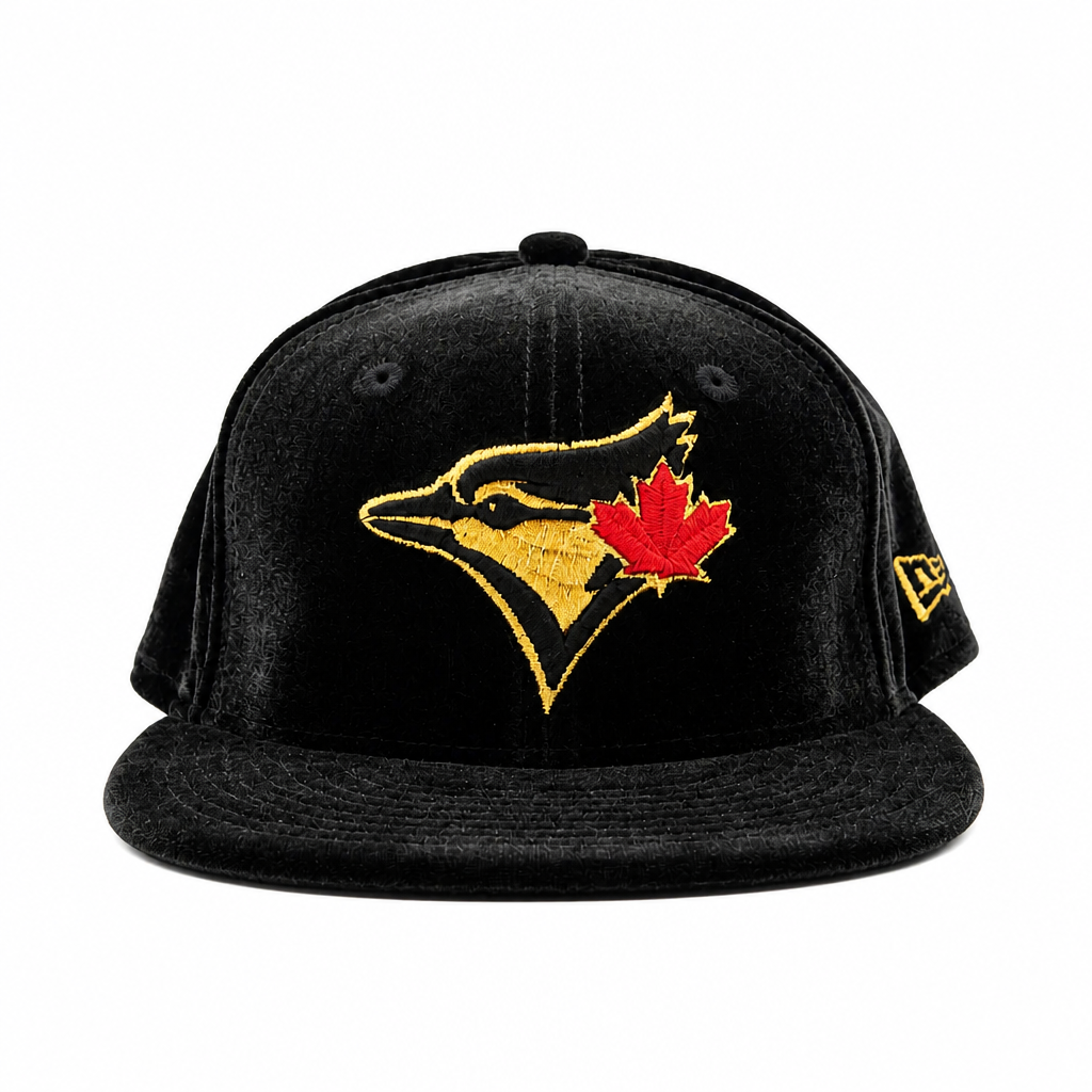 59FIFTY NEW ERA MLB TORONTO BLUE JAYS BLACK/GOLD WITH RED LEAF LOGO VELVET FITTED HAT