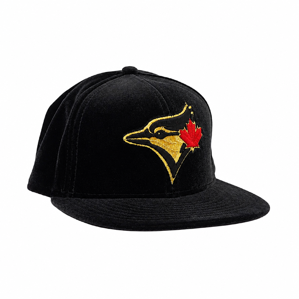 59FIFTY NEW ERA MLB TORONTO BLUE JAYS BLACK/GOLD WITH RED LEAF LOGO VELVET FITTED HAT