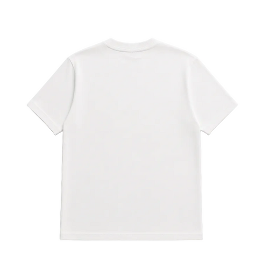 A plain white short-sleeve crewneck t-shirt shown from the back, laid flat against a neutral light gray background.