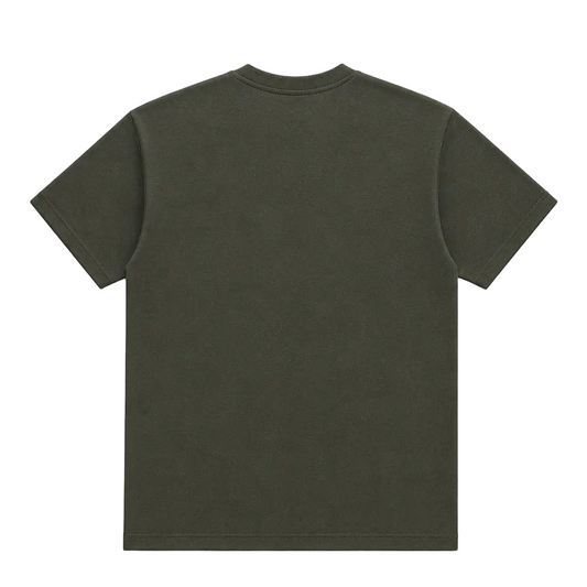 An olive green short-sleeve crewneck t-shirt shown from the back, laid flat against a light gray background.
