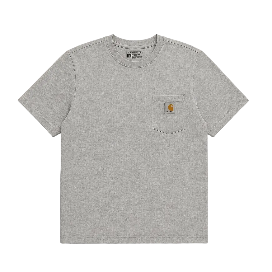 A light gray heather crewneck t-shirt with a left chest pocket featuring the Carhartt logo, displayed flat against a light gray textured background.