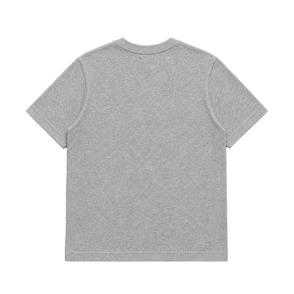 A light gray heather short-sleeve crewneck t-shirt shown from the back, laid flat against a neutral light gray background.