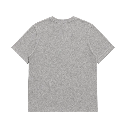 A light gray heather short-sleeve crewneck t-shirt shown from the back, laid flat against a neutral light gray background.