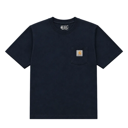 A dark navy blue short-sleeve crewneck t-shirt with a chest pocket featuring the Carhartt logo patch, laid flat on a light gray textured background.