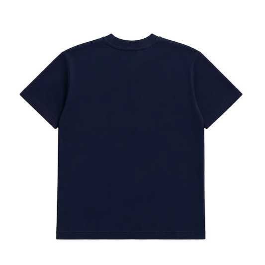 A navy blue short-sleeve t-shirt shown from the back, laid flat against a textured light gray background.
