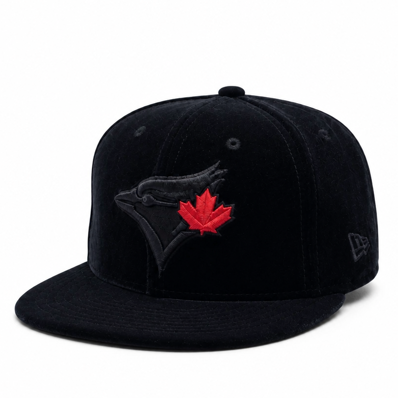 NEW ERA 59FIFTY TORONTO BLUE JAYS BLACK WITH RED LEAF VELOUR FITTED HAT