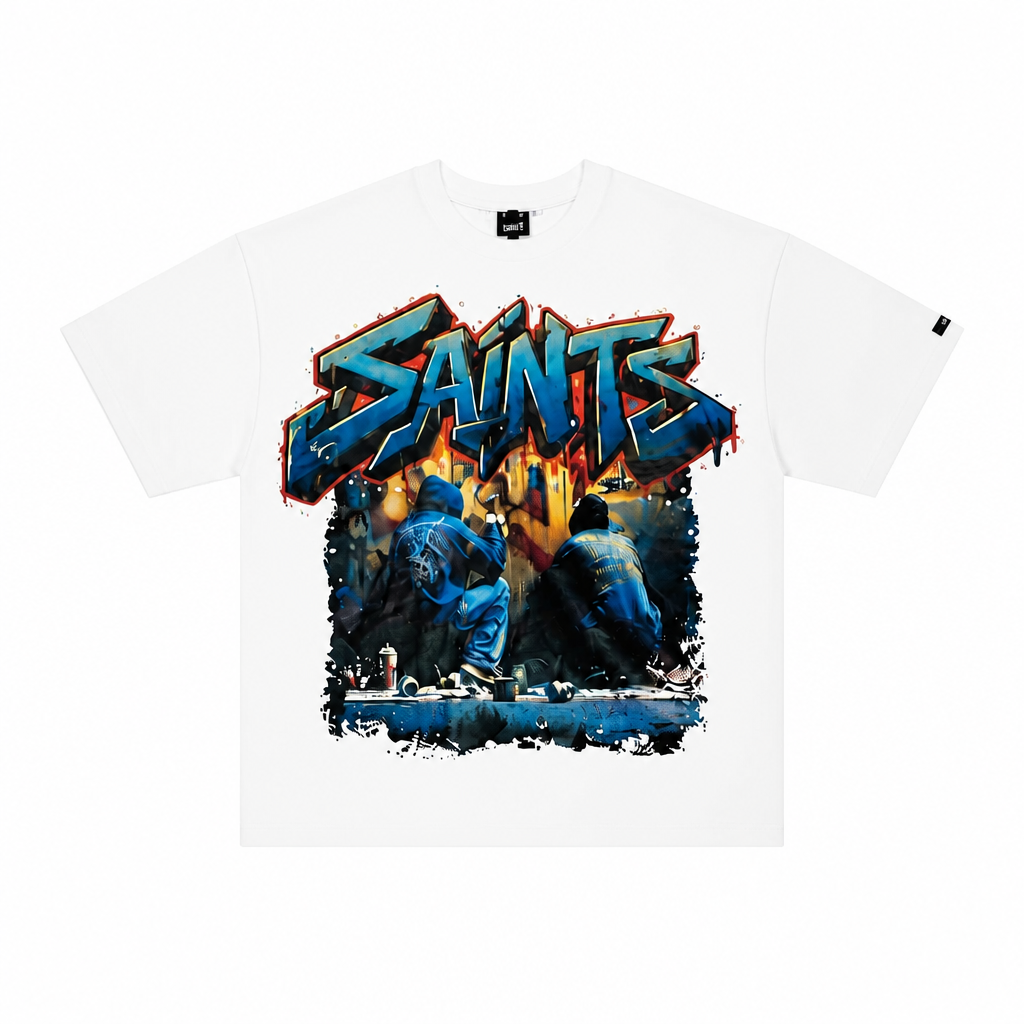 SWITCH MEN'S SAINTS & VANDAL RHINESTONE GRAPHIC DESIGN DROP SHOULDER T-SHIRT (WHITE)