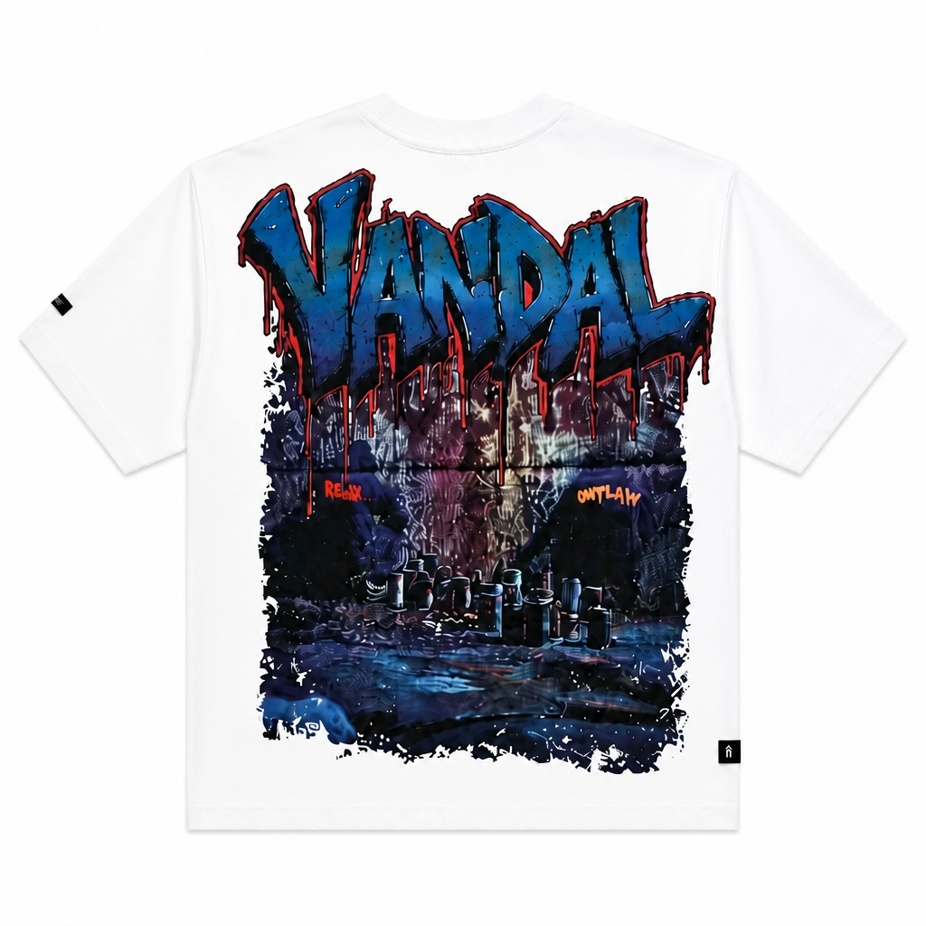 SWITCH MEN'S SAINTS & VANDAL RHINESTONE GRAPHIC DESIGN DROP SHOULDER T-SHIRT (WHITE)