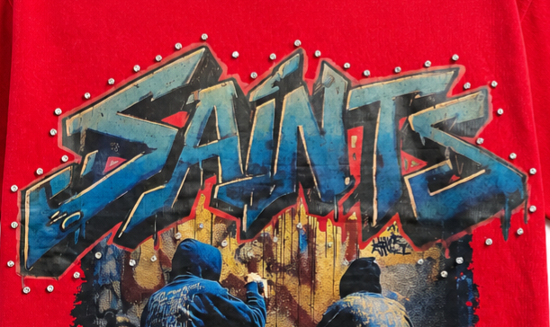 SWITCH MEN'S SAINTS & VANDAL RHINESTONE GRAPHIC DESIGN DROP SHOULDER T-SHIRT (RED)