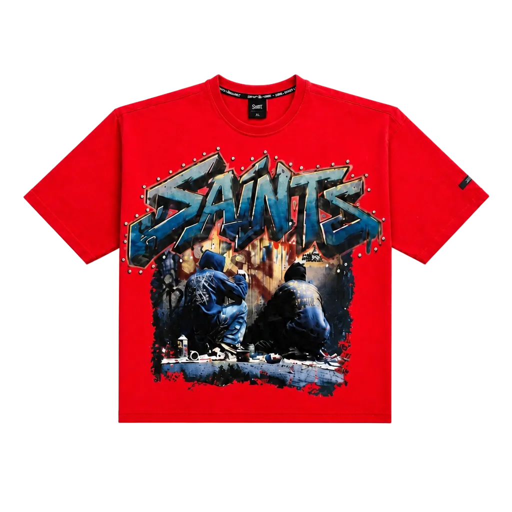 SWITCH MEN'S SAINTS & VANDAL RHINESTONE GRAPHIC DESIGN DROP SHOULDER T-SHIRT (RED)