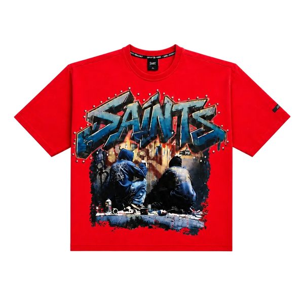 SWITCH MEN'S SAINTS & VANDAL RHINESTONE GRAPHIC DESIGN DROP SHOULDER T-SHIRT (RED)