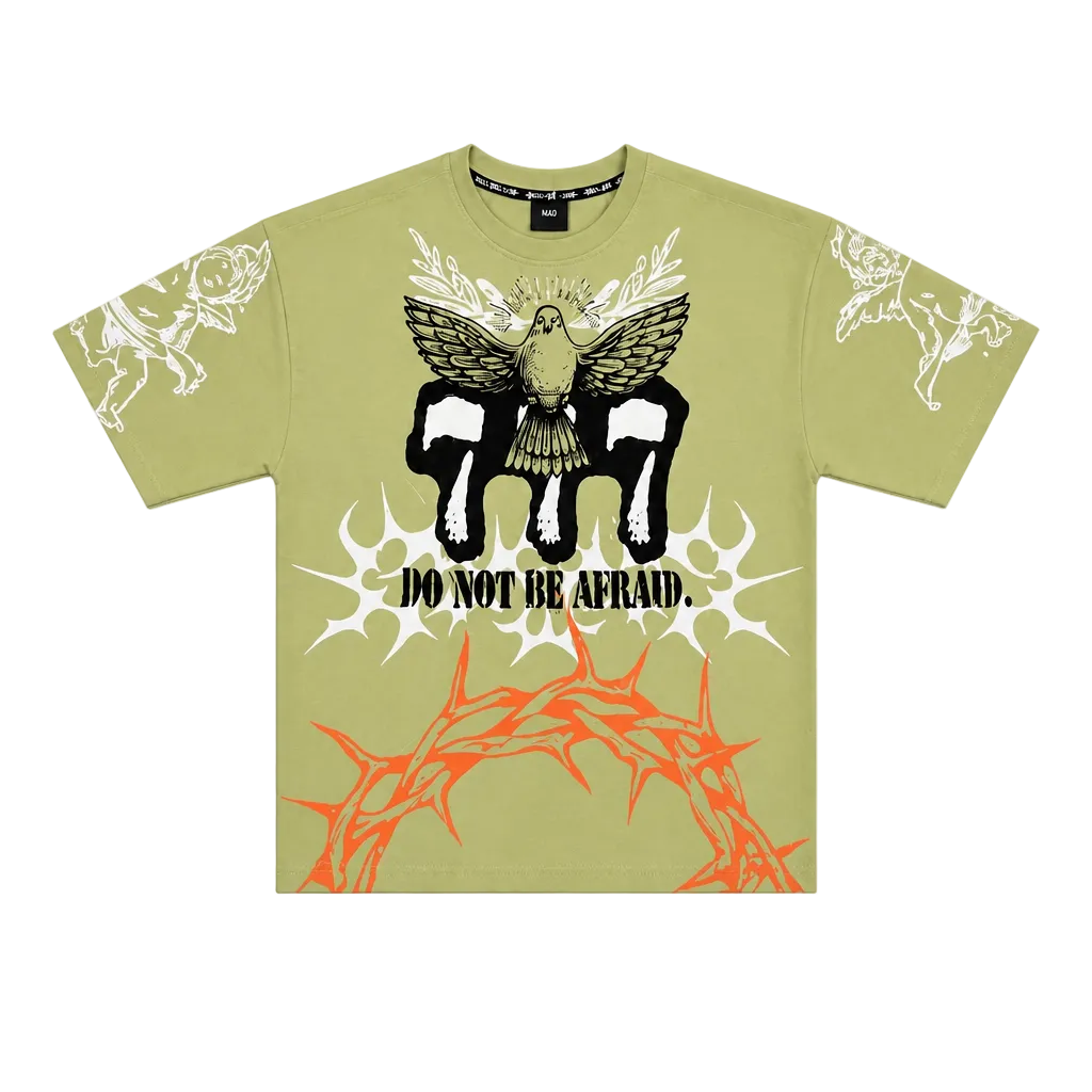 SWITCH MEN'S DO NOT BE AFRAUD, WALK BY FAITH GRAPHIC DESIGN DROP SHOULDER T-SHIRT (LIGHT OLIVE GREEN)