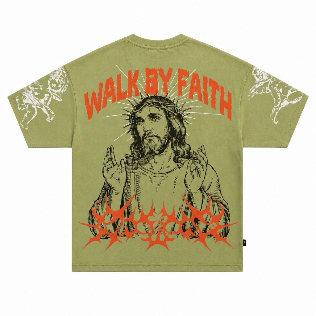 SWITCH MEN'S DO NOT BE AFRAUD, WALK BY FAITH GRAPHIC DESIGN DROP SHOULDER T-SHIRT (LIGHT OLIVE GREEN)