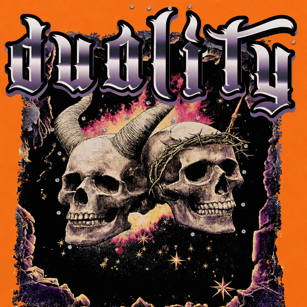 SWITCH MEN'S DUALITY, SAINT OR SINNER RHINESTONE GRAPHIC DESIGN DROP SHOULDER T-SHIRT (BRICK ORANGE)