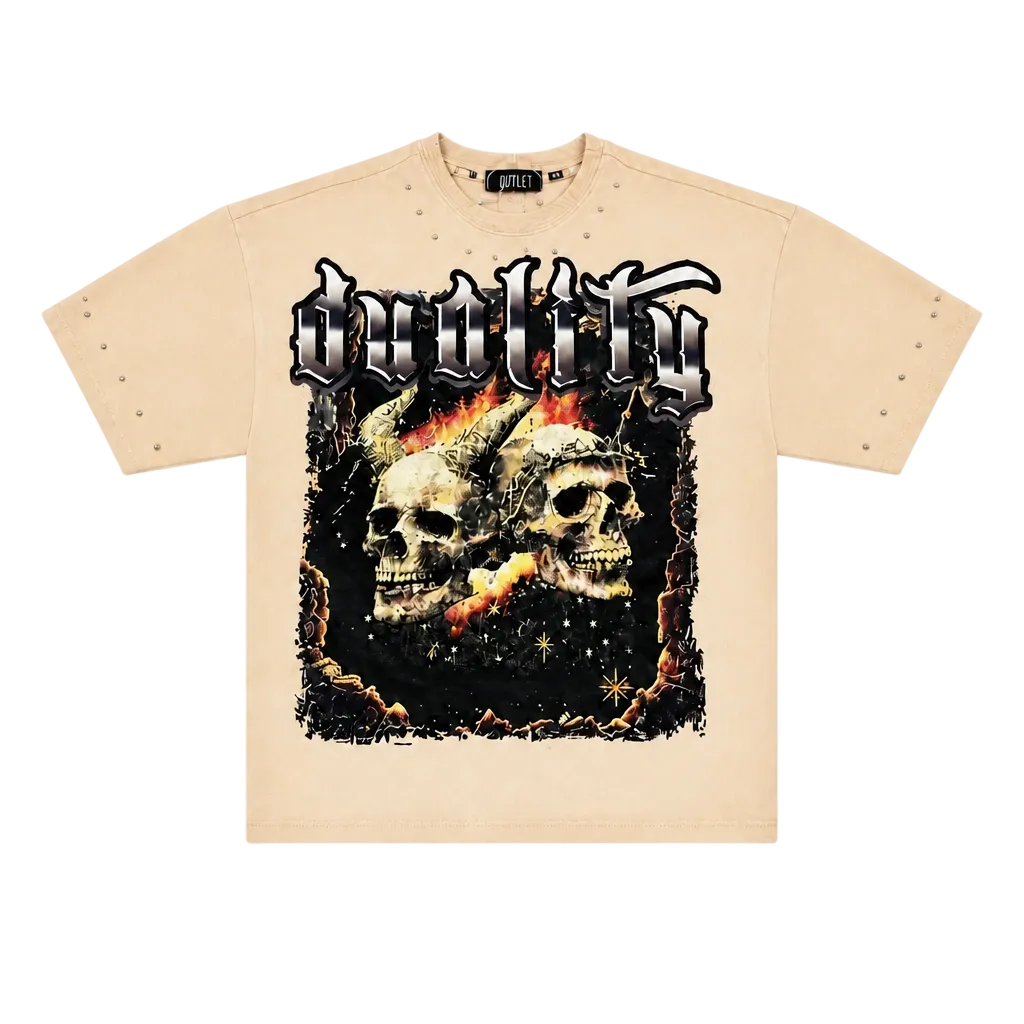 SWITCH MEN'S DUALITY, SAINT OR SINNER RHINESTONE GRAPHIC DESIGN DROP SHOULDER T-SHIRT (SAND BEIGE)