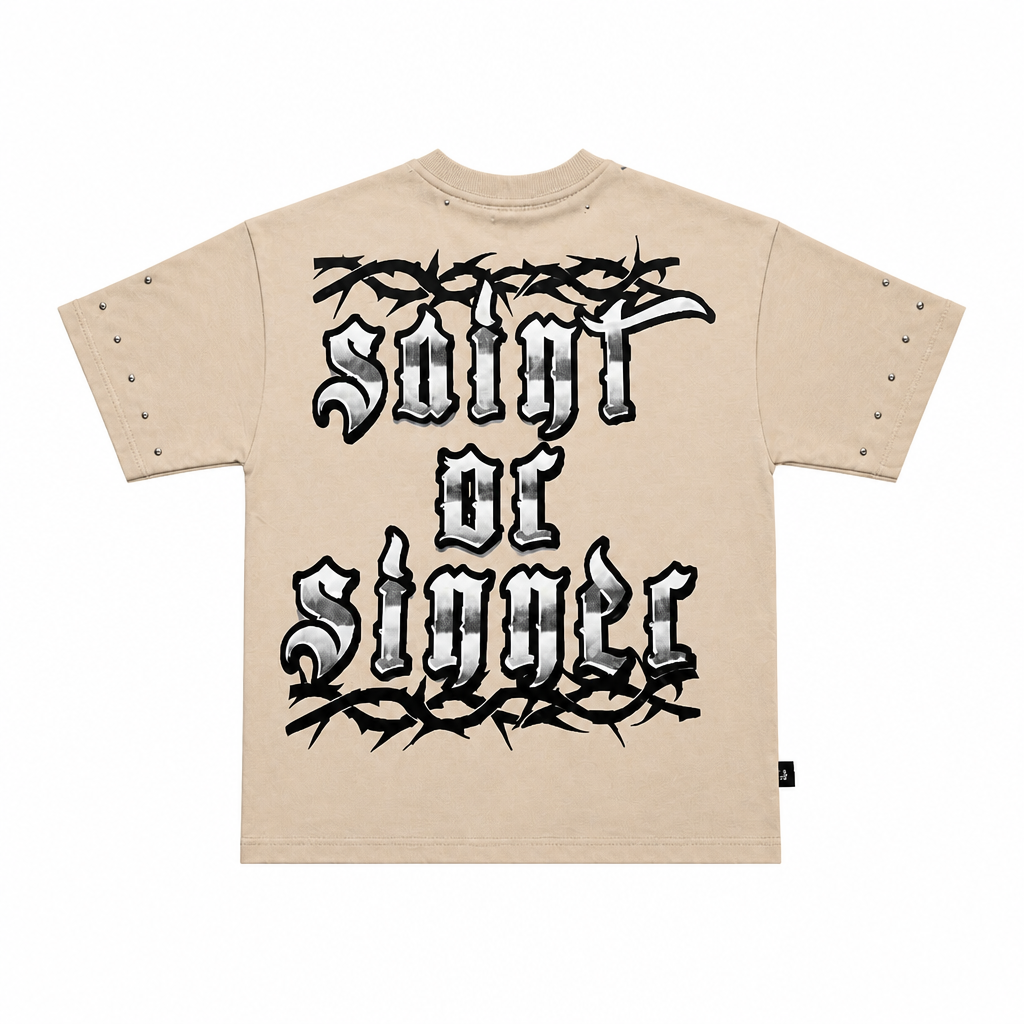 SWITCH MEN'S DUALITY, SAINT OR SINNER RHINESTONE GRAPHIC DESIGN DROP SHOULDER T-SHIRT (SAND BEIGE)