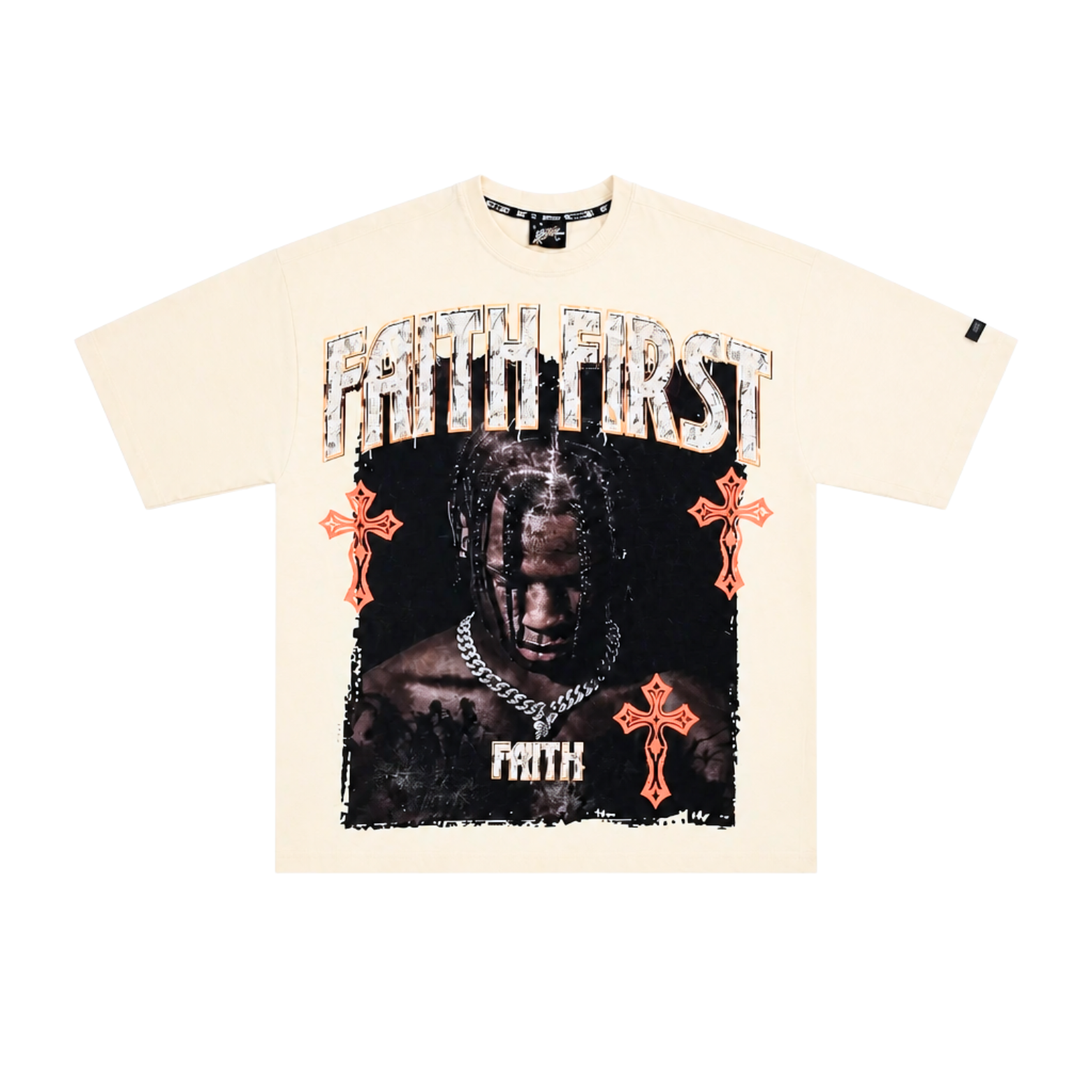 SWITCH MEN'S FAITH FIRST, FAITH NEVER FAILS RHINESTONE GRAPHIC DESIGN DROP SHOULDER T-SHIRT (CREAM WHITE)