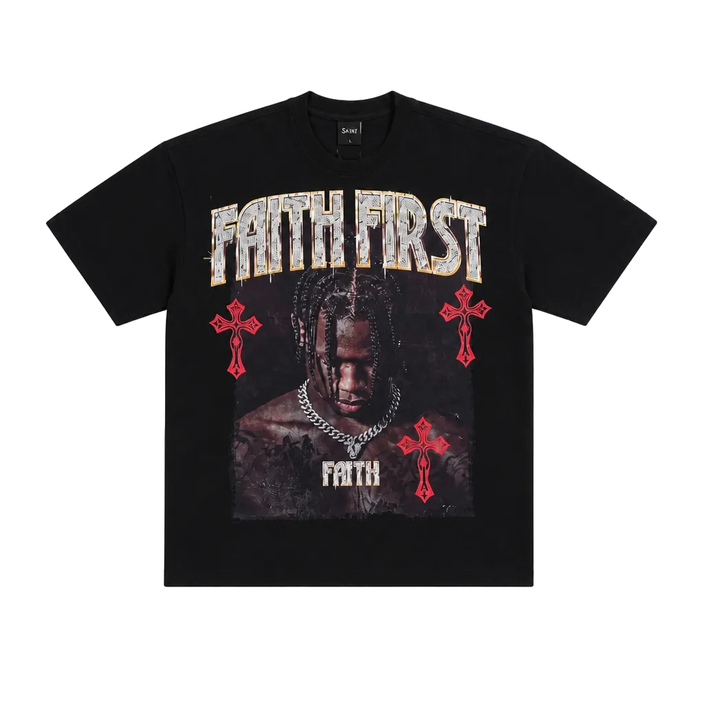 SWITCH MEN'S FAITH FIRST, FAITH NEVER FAILS RHINESTONE GRAPHIC DESIGN DROP SHOULDER T-SHIRT (BLACK)