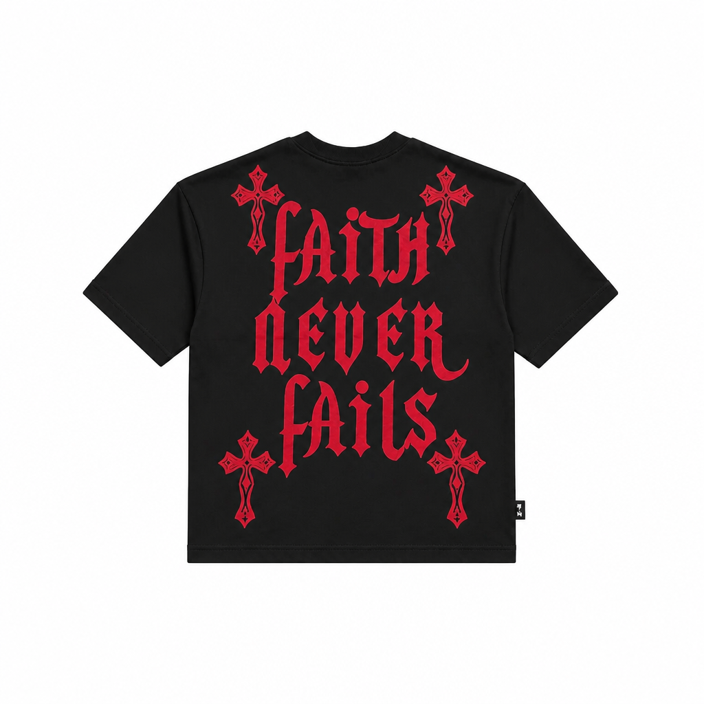 SWITCH MEN'S FAITH FIRST, FAITH NEVER FAILS RHINESTONE GRAPHIC DESIGN DROP SHOULDER T-SHIRT (BLACK)
