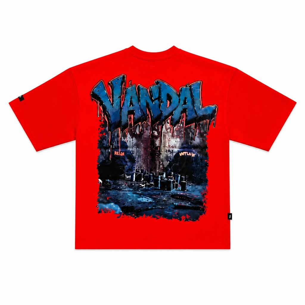 SWITCH MEN'S SAINTS & VANDAL RHINESTONE GRAPHIC DESIGN DROP SHOULDER T-SHIRT (RED)
