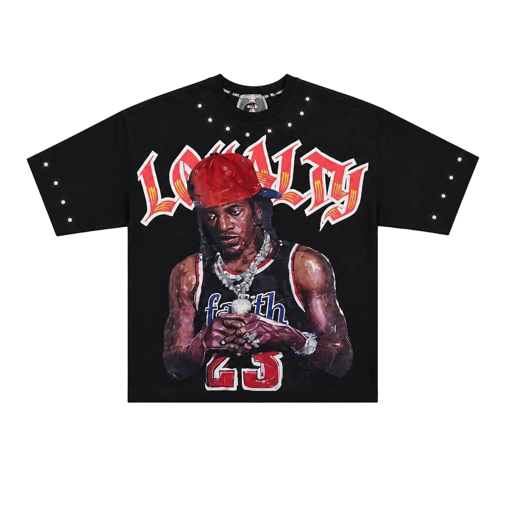 A black short-sleeve graphic t-shirt featuring a painted portrait of basketball player Wilt Chamberlain with the word 'LOYALTY' in red and white stylized lettering across the chest.