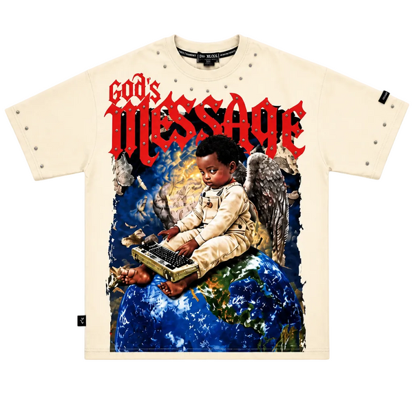 SWITCH MEN'S GOD'S MESSAGE, THE WRITTEN SKY RHINESTONE GRAPHIC DESIGN DROP SHOULDER T-SHIRT (CREAM)