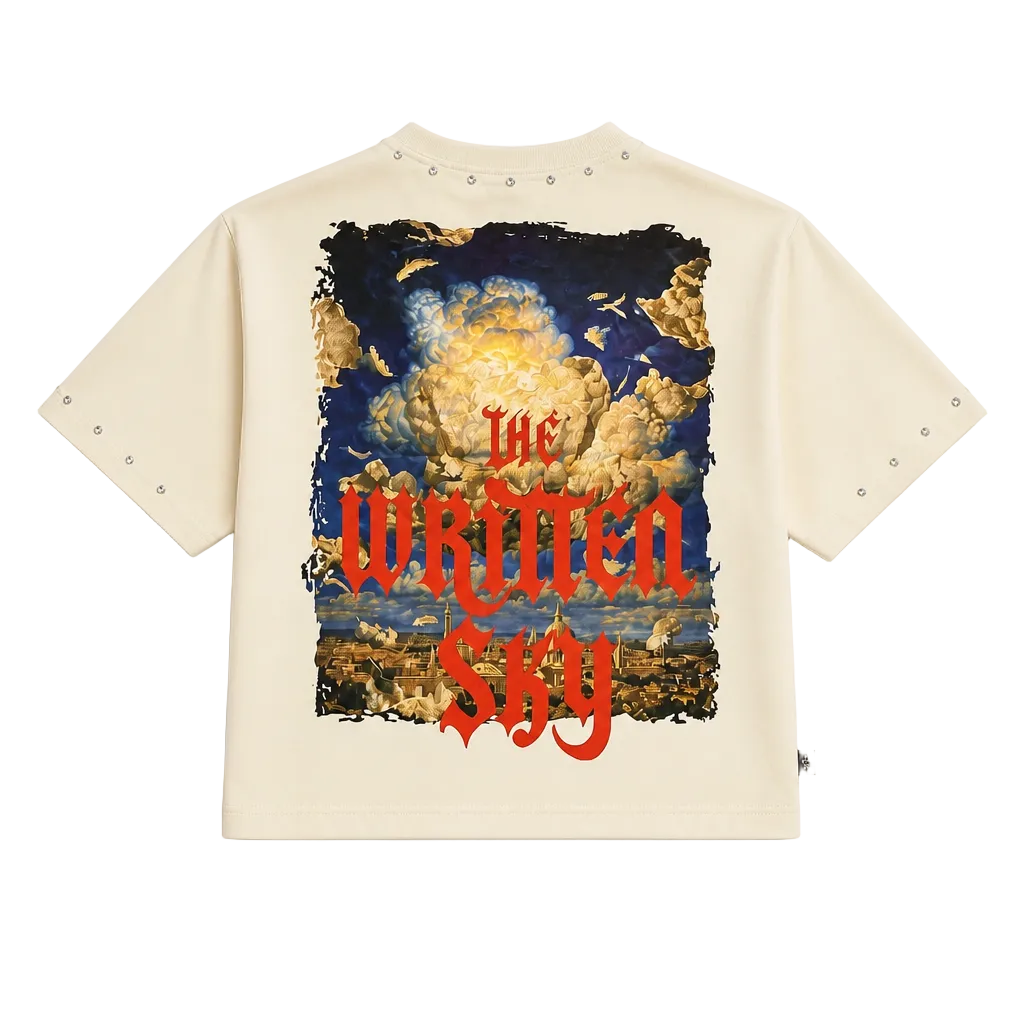 SWITCH MEN'S GOD'S MESSAGE, THE WRITTEN SKY RHINESTONE GRAPHIC DESIGN DROP SHOULDER T-SHIRT (CREAM)