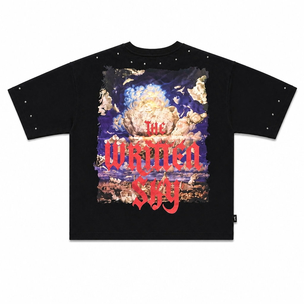 SWITCH MEN'S GOD'S MESSAGE, THE WRITTEN SKY RHINESTONE GRAPHIC DESIGN DROP SHOULDER T-SHIRT (BLACK)
