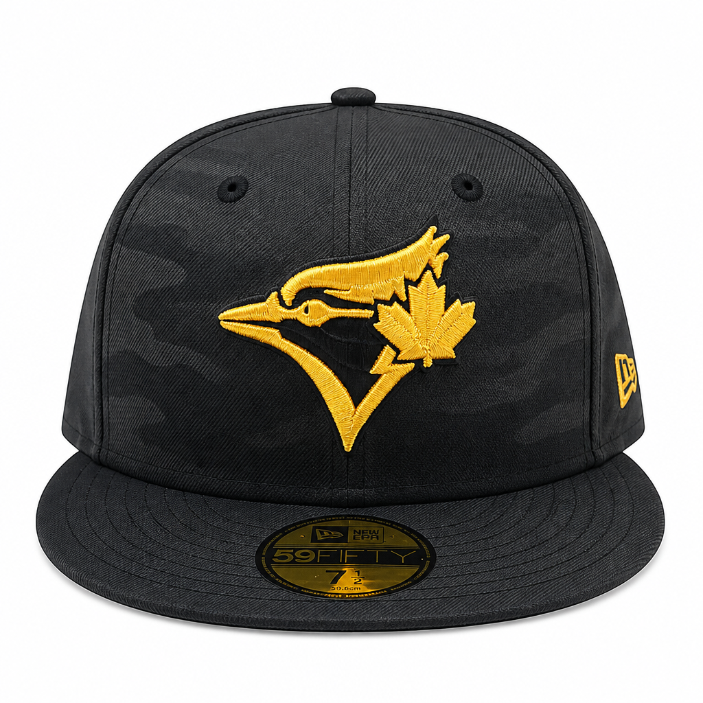 NEW ERA 9FIFTY TORONTO BLUE JAYS BLACK CAMO WITH GOLD LOGO FITTED HAT