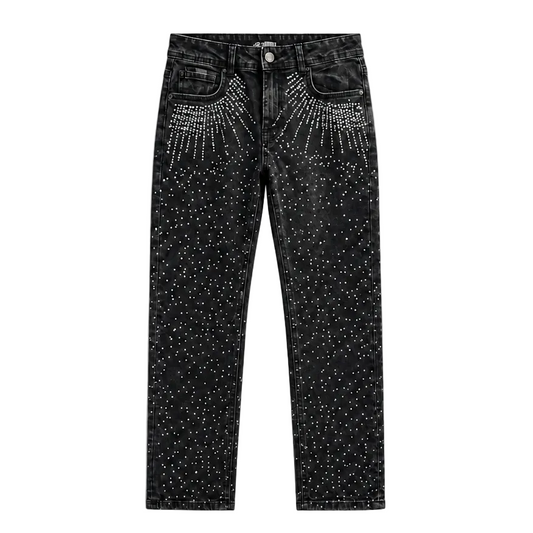 Black denim jeans with silver rhinestone embellishments on the front pockets and thighs, shown flat against a white background.