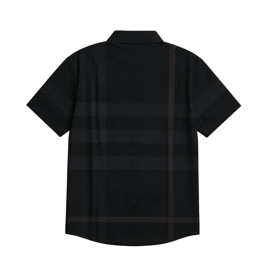 A black short-sleeve polo shirt with a subtle dark brown and gray check pattern, shown from the back against a light gray background.