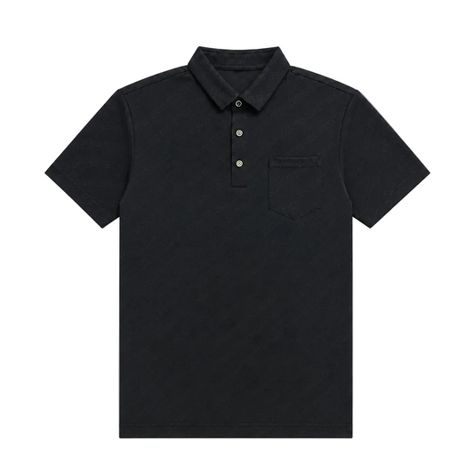 A black short-sleeve polo shirt with a two-button placket and a chest pocket, displayed flat against a solid white background.