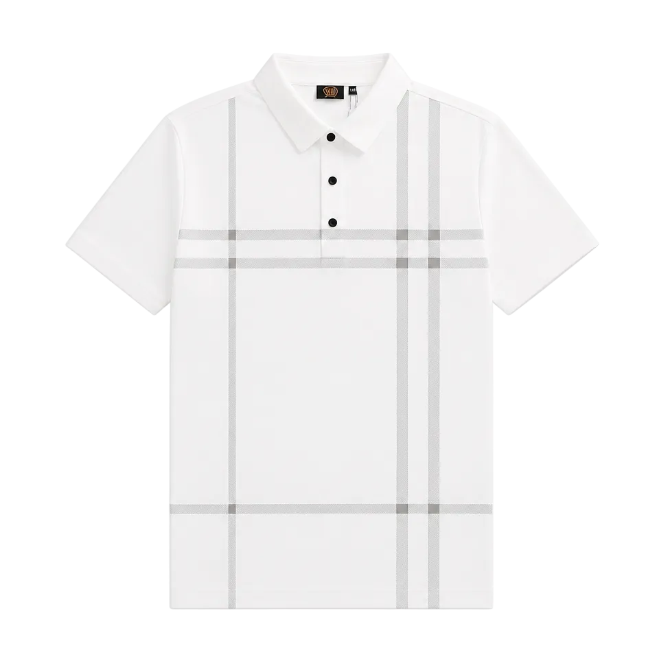 A white short-sleeve polo shirt with a classic plaid pattern in light gray, featuring a three-button placket and a classic collar, shown on a plain white background.