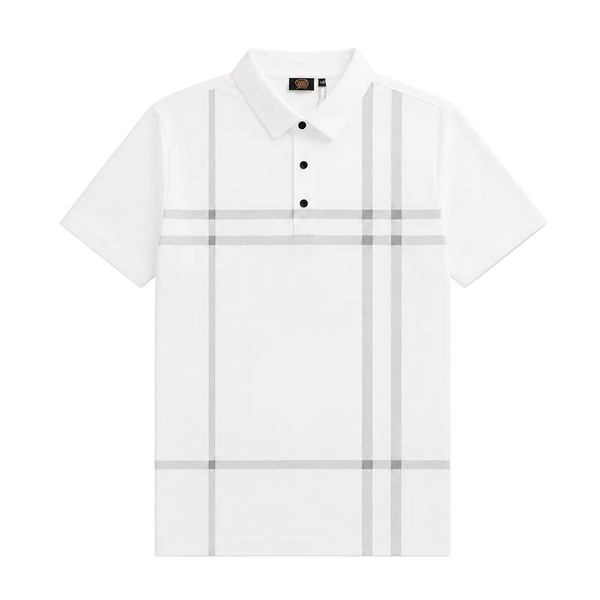 A white short-sleeve polo shirt with a classic plaid pattern in light gray, featuring a three-button placket and a classic collar, shown on a plain white background.