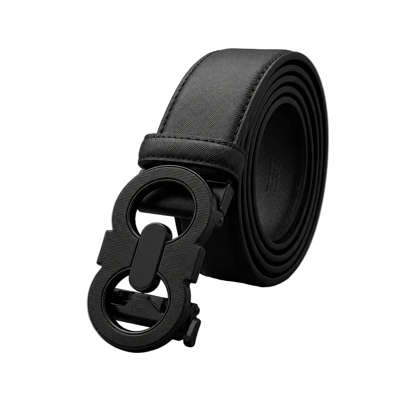A black leather belt with a matte black double-ring buckle, coiled on a neutral gray background.